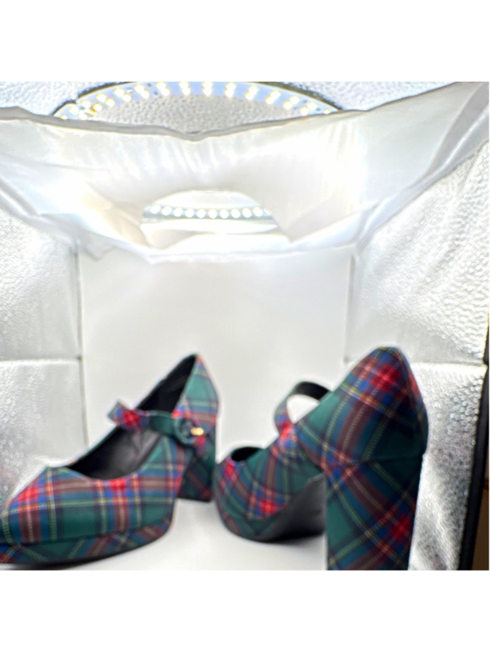 Comfort Plaid Mary Jane Block Heel Pointed Toe Fabric Buckle Strap 8W